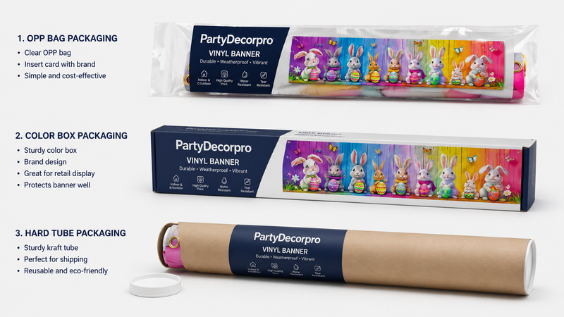 Three vinyl banner packaging options displayed: clear OPP bag, color box, and kraft tube, showcasing versatile professional packaging designs.