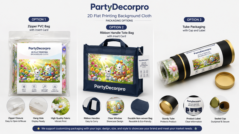 Three vinyl banner packaging options displayed: zipper PVC bag, ribbon handle tote bag, and tube packaging, highlighting versatile and professional designs for retail and wholesale.