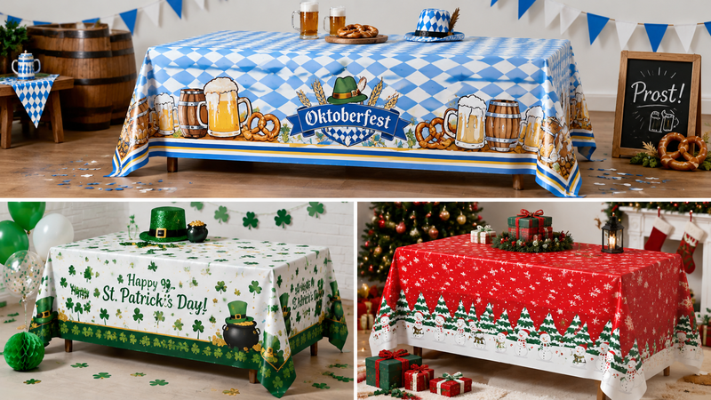 Custom rectangular disposable party tablecloths with festive themed designs