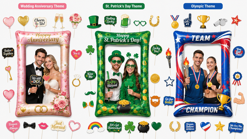 Custom inflatable photo frame props featuring Wedding Anniversary, St. Patrick’s Day, and sports event themes with matching party accessories and festive decorations