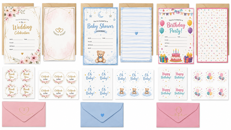 Custom invitation card sets featuring wedding, baby shower, and birthday themes with matching envelopes, decorative stickers, and premium printed cardstock.