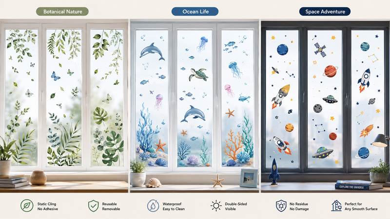 Customizable themed window stickers including holiday, nature, ocean, and space designs, static cling and reusable.