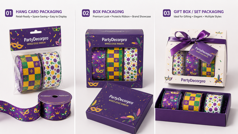 Custom Mardi Gras Wire Edge Ribbon Packaging Options Featuring Header Card Bag Window Box and Gift Set Box for Retail and Wholesale Display