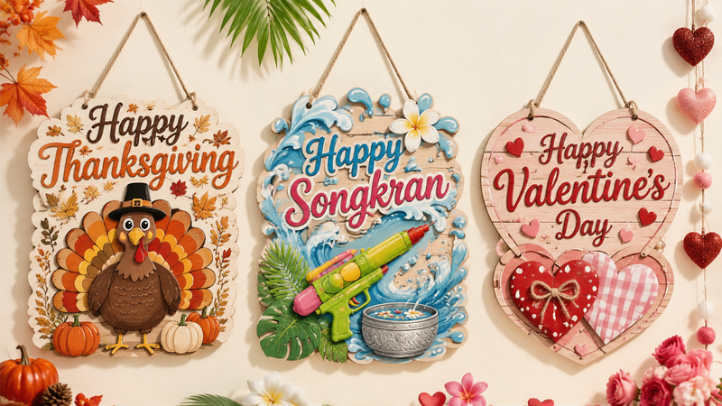 Holiday wooden hanging sign set with Halloween Thanksgiving and patriotic party themes