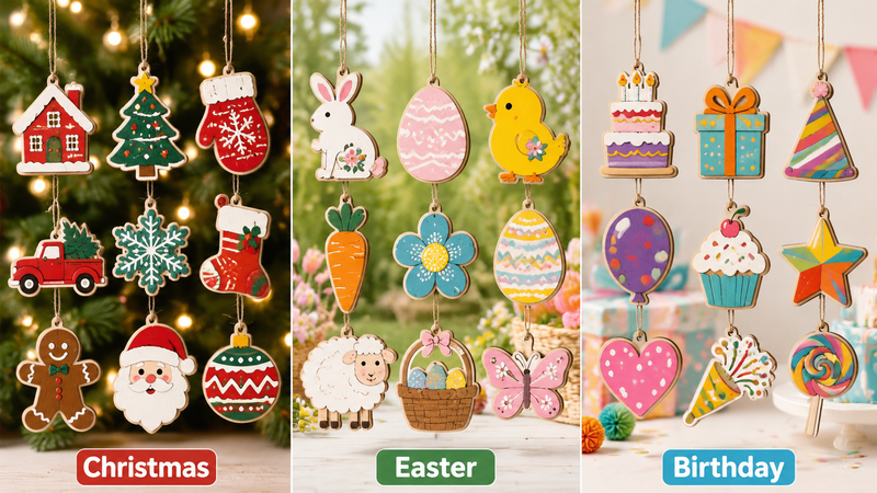 Custom wooden holiday ornaments with Christmas Easter and birthday party theme designs for wholesale decoration suppliers