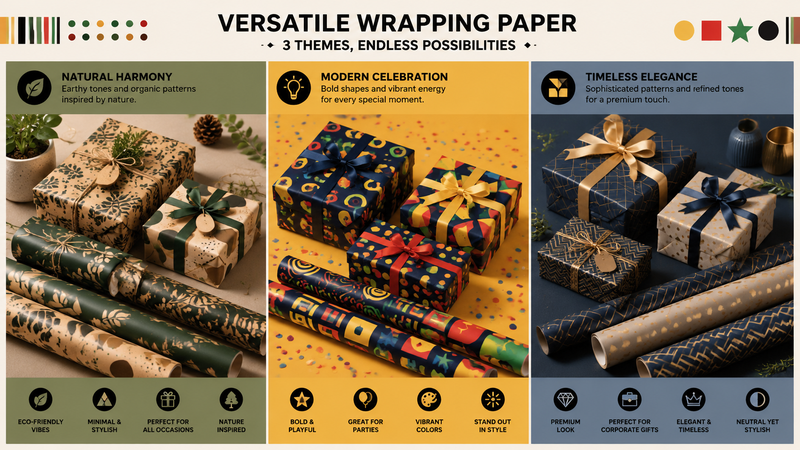Multi-theme gift wrapping paper design collage featuring African-inspired geometric and modern festive patterns, showcasing customizable packaging options