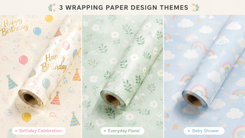 Three wrapping paper design variations featuring floral, birthday and playful themed patterns in soft pastel styles with roll display