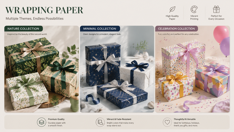 Multiple wrapping paper rolls featuring festive, floral, geometric and seasonal pattern designs for premium gift packaging display