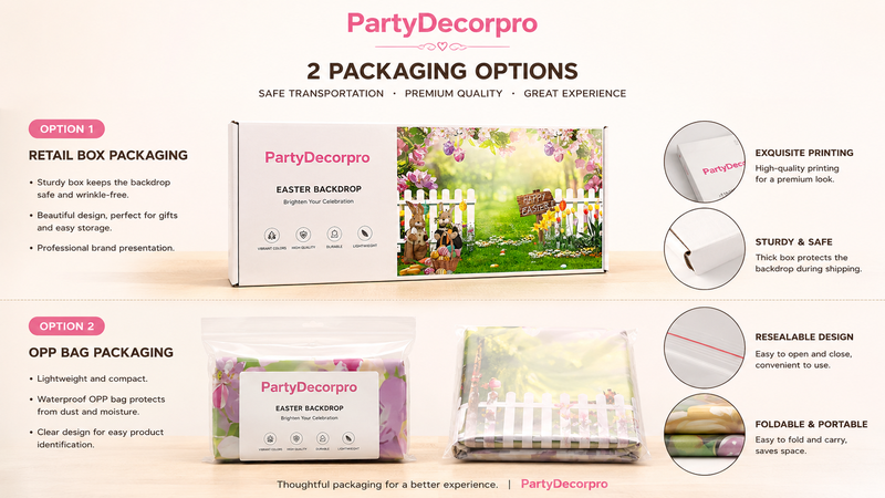 Two backdrop packaging options including retail box and OPP bag for customizable wholesale display