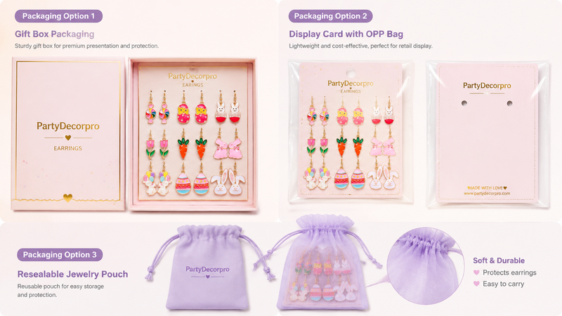 Earring packaging design options including gift box, display card and pouch for retail presentation