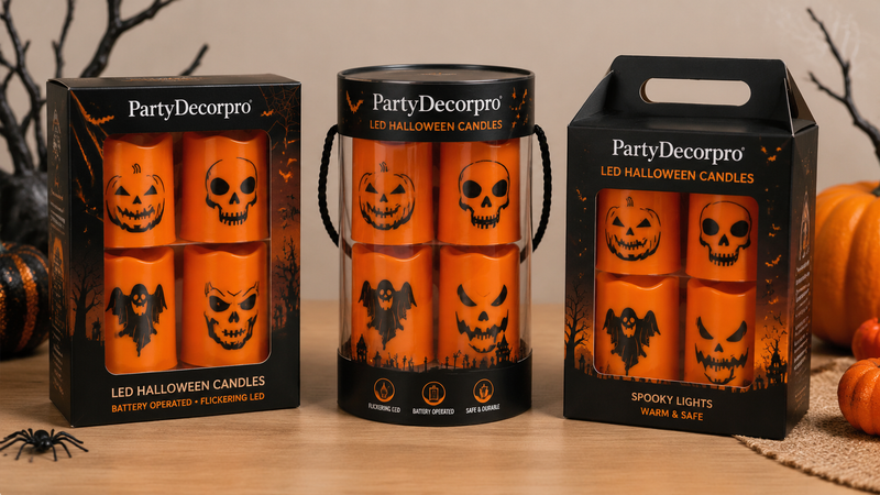 Halloween LED candle packaging options including box, cylinder tube and gift set wholesale packaging