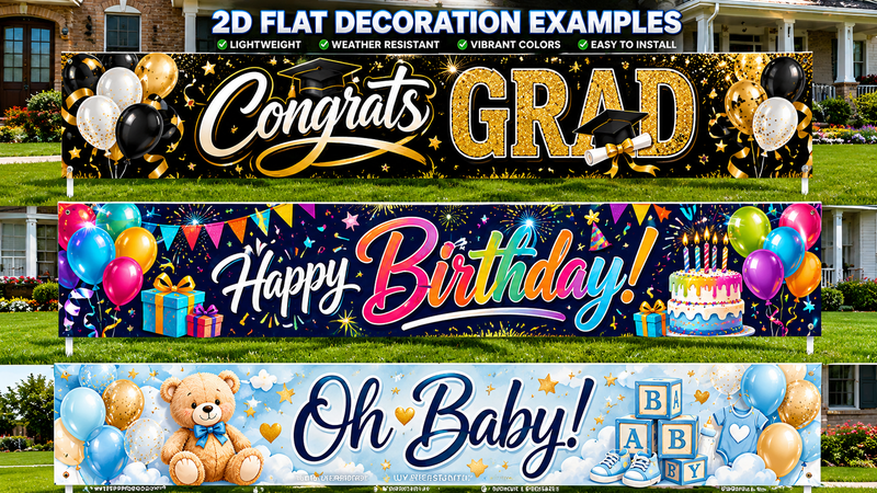 3 themed outdoor party banners for graduation, birthday, and baby shower, lightweight and weather-resistant, on suburban lawn.