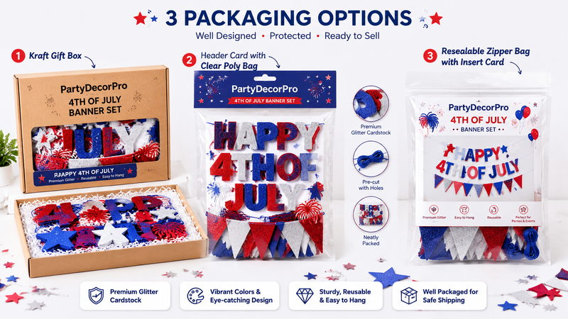 Multiple 4th of July banner packaging options showcasing glitter letters, stars, and pennants in a clean product layout.