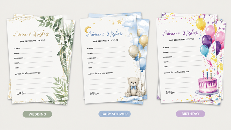 Wedding, baby shower, and birthday "Advice & Wishes" cards with customizable designs and high-quality print