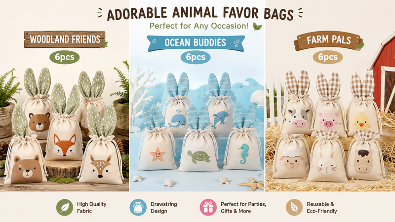 Adorable animal-themed drawstring bags for parties, gifts, and daily use, eco-friendly and reusable