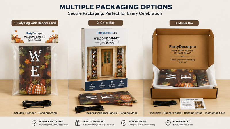 Autumn-themed welcome banner packaging showcasing poly bag, color box, and mailer box options