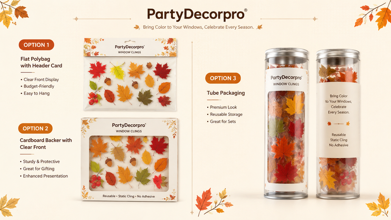 Autumn window clings packaging options with clear polybag, cardboard backer, and tube designs, customizable for wholesale