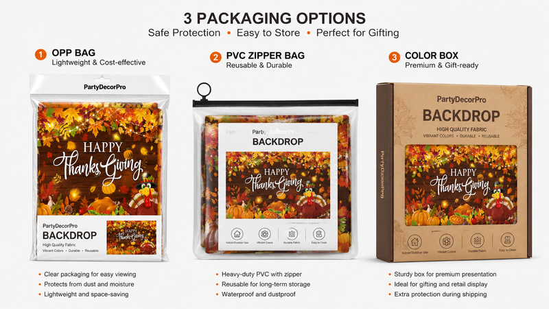 Three packaging options for festive backdrop, including OPP bag, PVC zipper bag, and color box, highlighting product visibility and protection
