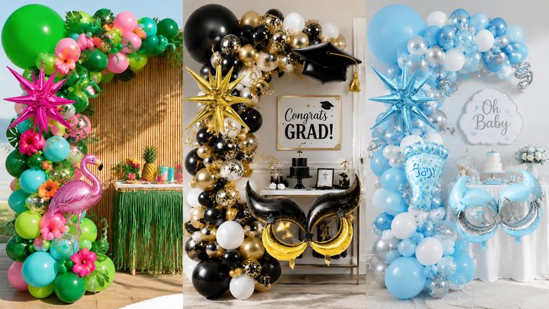 Custom balloon garland party decoration theme examples with colorful event styling designs
