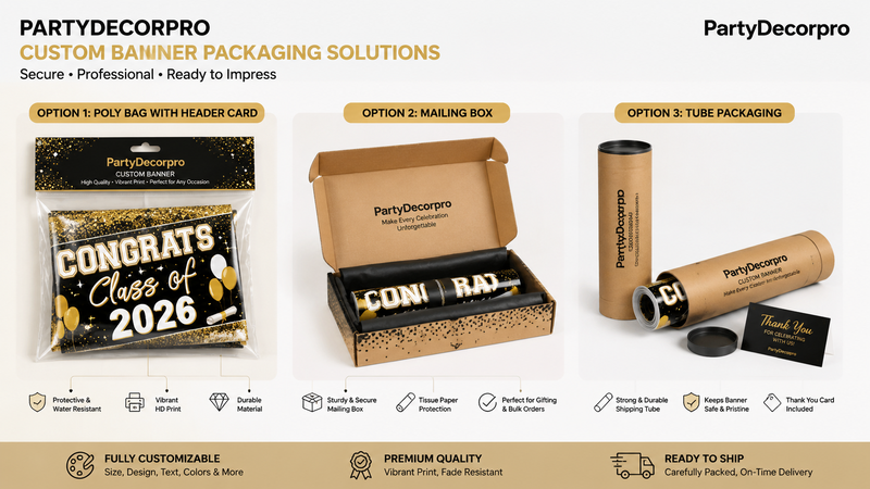 Custom Banner Packaging Solutions Featuring Poly Bag, Mailing Box, and Tube Options with Durable Materials and Vibrant HD Printing
