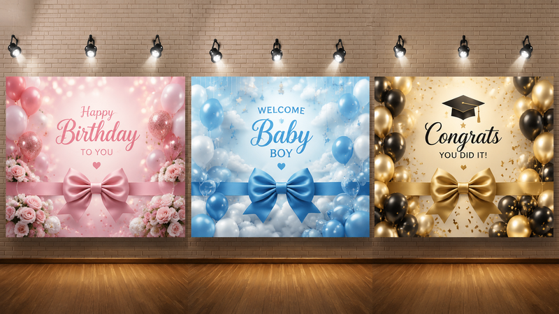 Three celebration-themed backdrops on a brick wall, featuring birthday, baby shower, and graduation designs with bows and balloons.