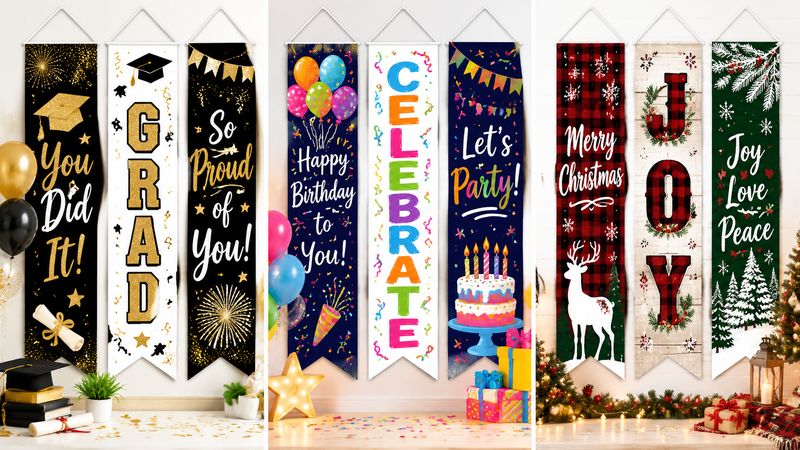 Three themed hanging banners for birthday, Christmas, and graduation celebrations with colorful props and festive details.