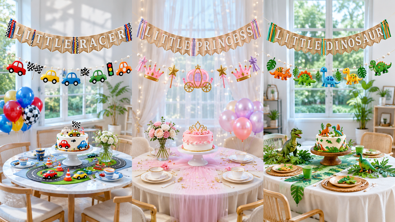 Children's party burlap pennant sets with car, princess, and dinosaur themes, colorful ribbons and felt garlands.