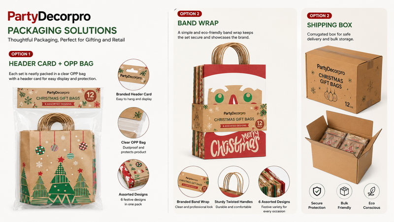 Christmas gift packaging options including OPP bags, band wraps, and shipping boxes for retail and gifting