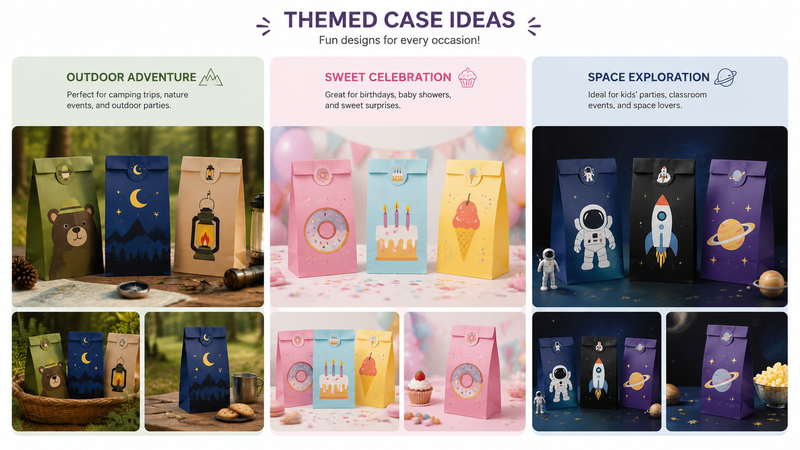 Colorful themed paper party treat bags for holidays and events, customizable, reusable, festive designs