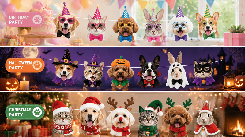 Custom pet party banner featuring dogs, cats, and rabbits in birthday, Halloween, and Christmas themed decorations.