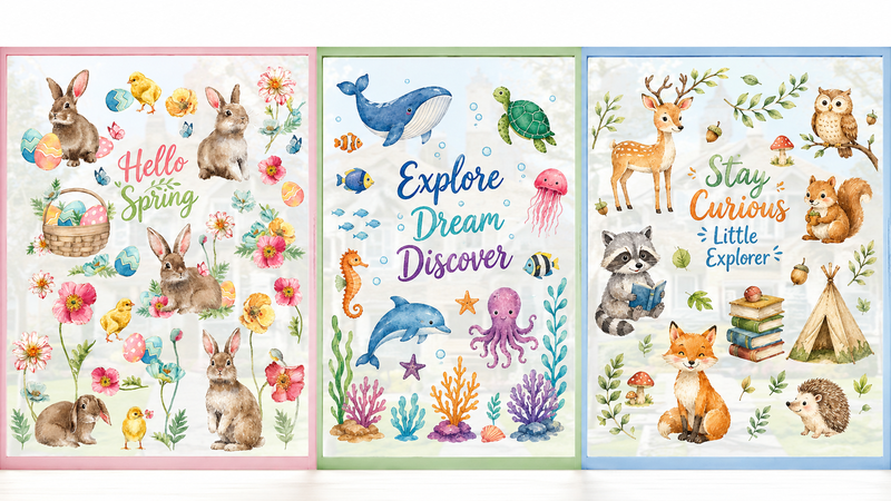 Easter animal window clings with bunnies, chicks, eggs, and flowers