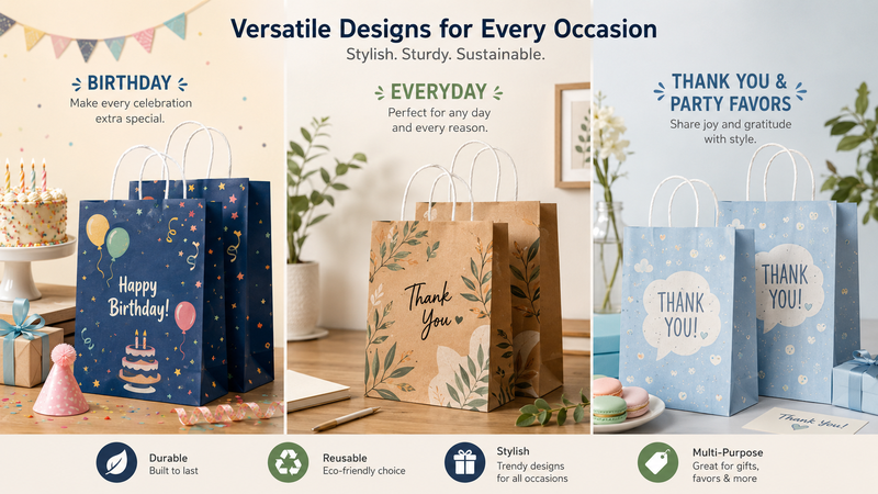 Festive and party-themed gift bags in multiple designs, eco-friendly, reusable, and durable for wholesale and retail.