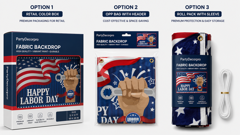 Three themed polyester banner packaging designs for different holidays and events