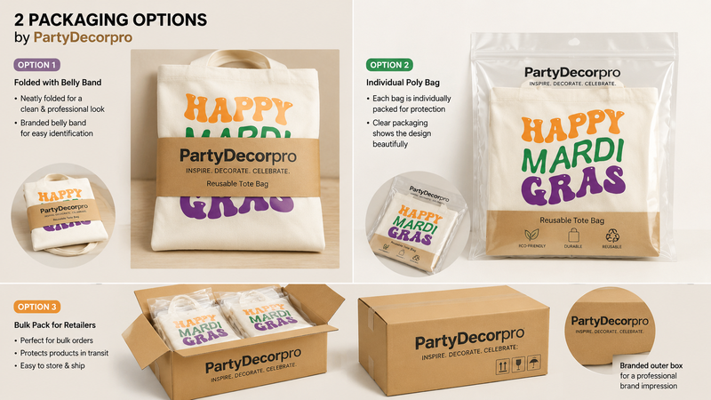 Two packaging options for festive tote bags, folded with a belly band and in clear poly bag, highlighting reusable and eco-friendly features.