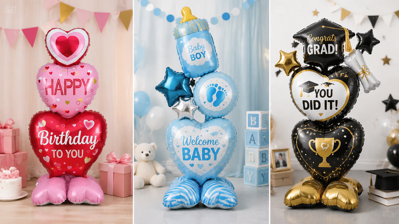 Custom foil balloon arrangements for birthday, baby shower, and graduation celebration themes