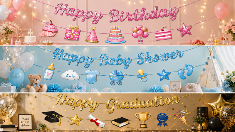 Custom glitter letter banners with birthday, baby shower, and graduation themes in festive party settings