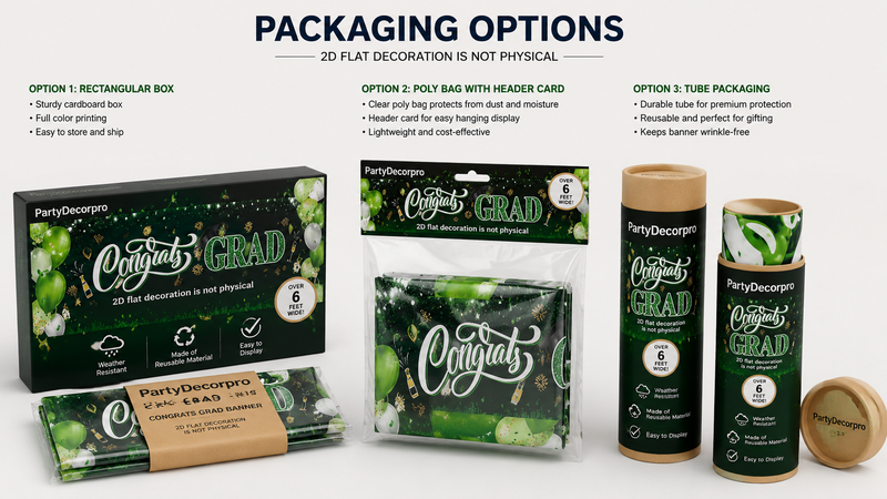 Graduation banner packaging options with box, poly bag, and tube, customizable for client branding