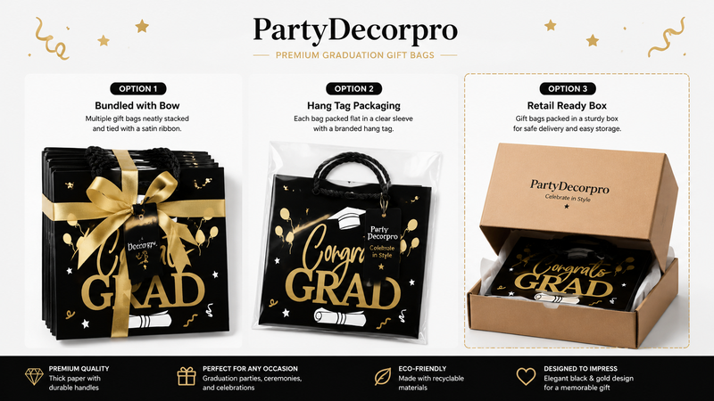 Graduation gift bag packaging options including ribbon bundle, hang tag, and retail box
