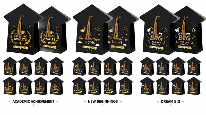 Graduation gift bags set with black paper, gold accents, tassels, and inspirational typography