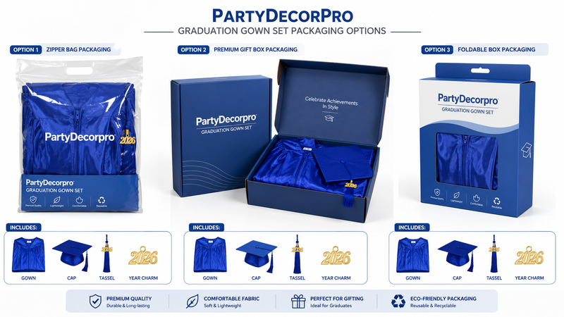 Three graduation gown packaging options including zipper bag, premium gift box, and foldable box, customizable and neatly presented for retail display