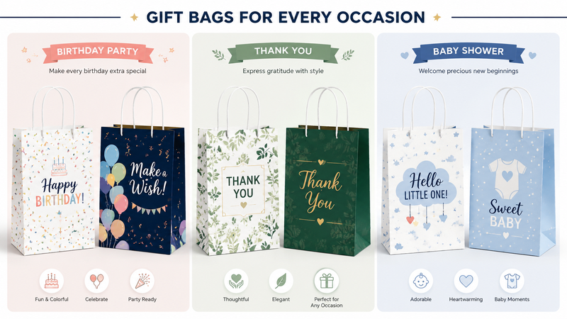 Multi-theme graduation and celebration gift bags in green, navy, and blue with festive designs and handles.