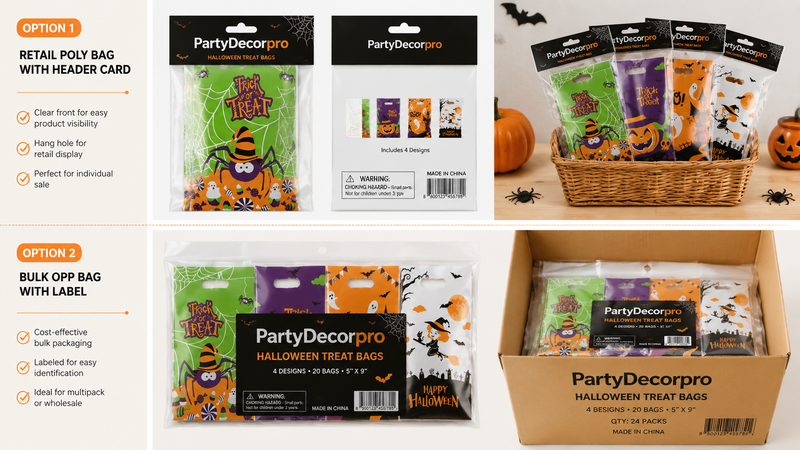 Halloween treat bag packaging showcasing multiple themed designs and customizable options