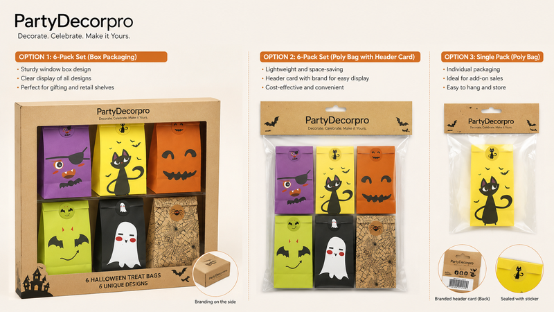 Halloween treat bags packaging mockup with customizable options and multiple styles for wholesale and retail