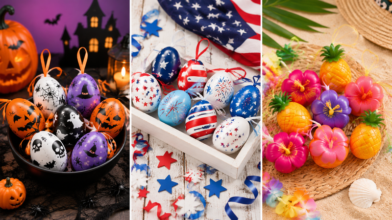 Custom holiday themed colorful egg decorations for Halloween patriotic and tropical party displays