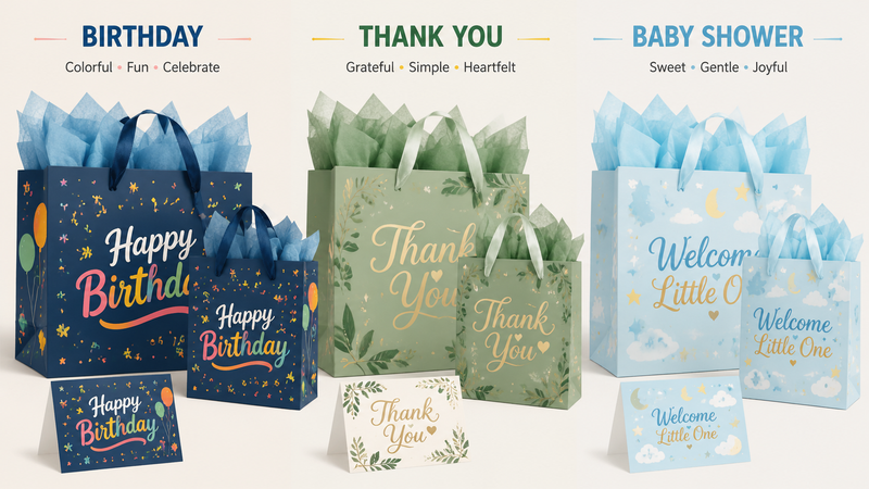 Colorful gift bags and cards set for birthday, thank you, and baby shower occasions, featuring high-quality paper and vibrant designs.