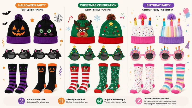 Holiday Party Hats, Novelty Glasses, and Knee-High Socks Sets for Halloween, Christmas, and Birthday