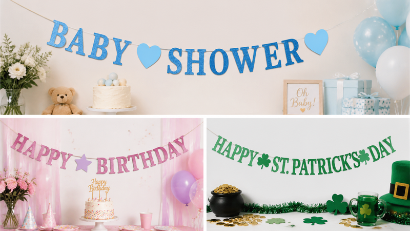 Festive collage banner with baby shower, birthday, and St. Patrick's Day themes, vibrant and decorative