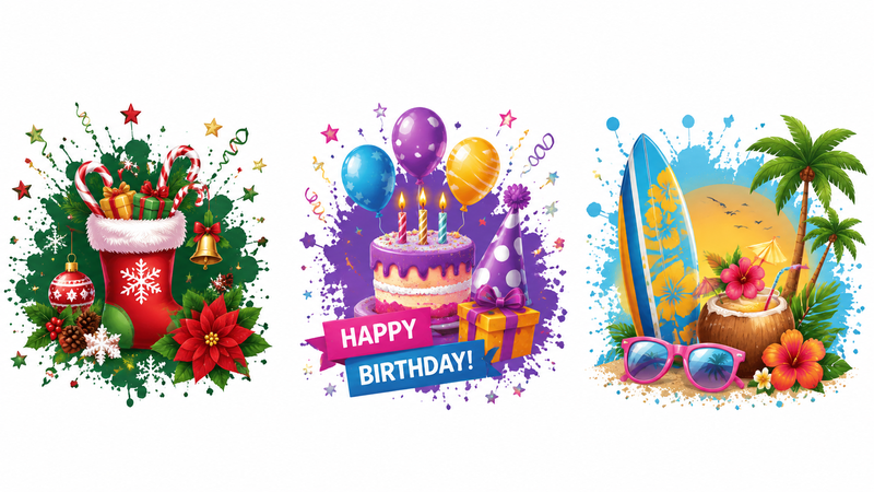 Custom party decoration designs with Christmas, birthday and tropical themes for wholesale event supplies