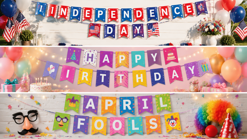 Multi-theme Independence Day and April Fool's party decoration set with festive background elements