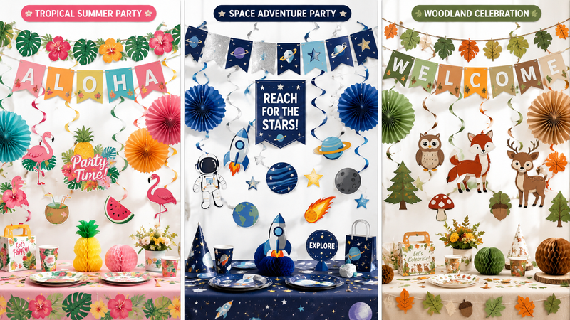 Assorted holiday and party decoration sets including banners, hanging spirals, paper fans, and themed props for wholesale and event use.